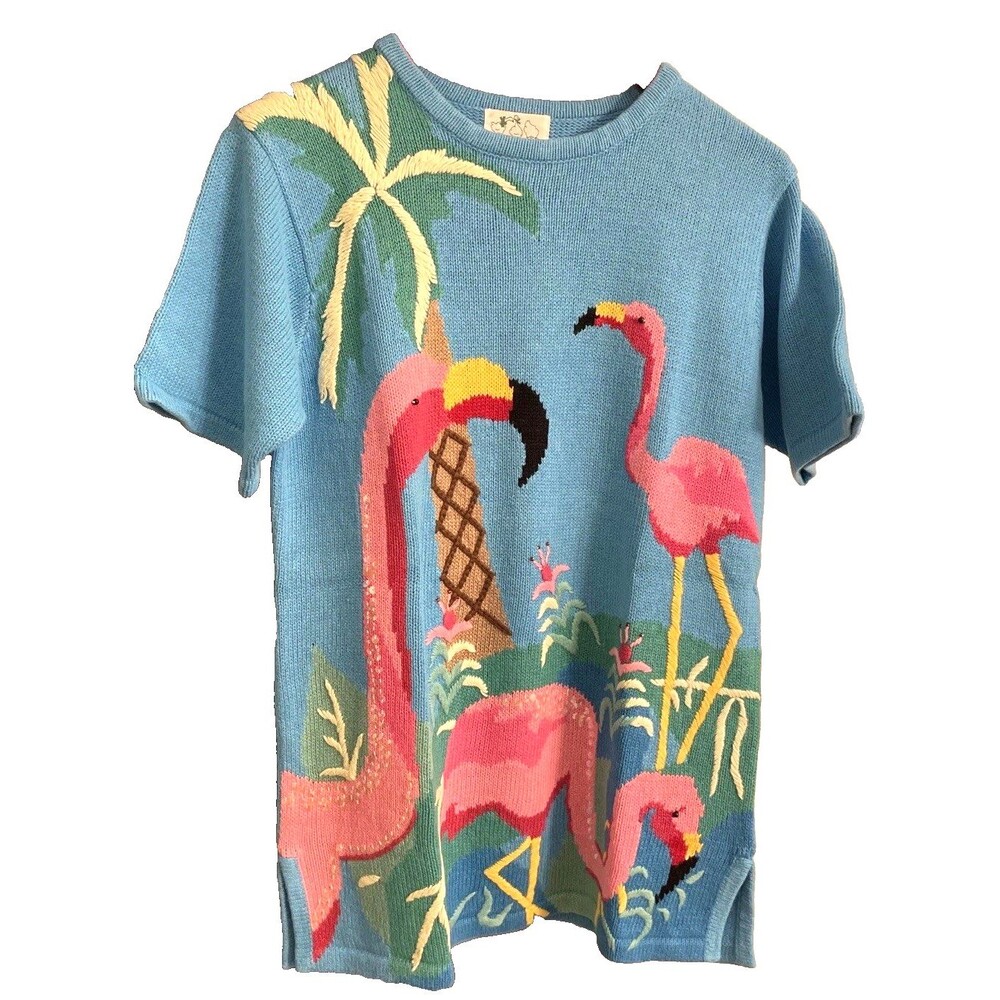 Quacker Factory Pink Flamingo Palm Tree Beach Sweater Sz Small Vacation Cruise